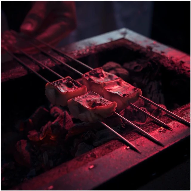 Three meat skewers cook over coals on a grill. The red light illuminates the grilling food and creates a warm atmosphere.