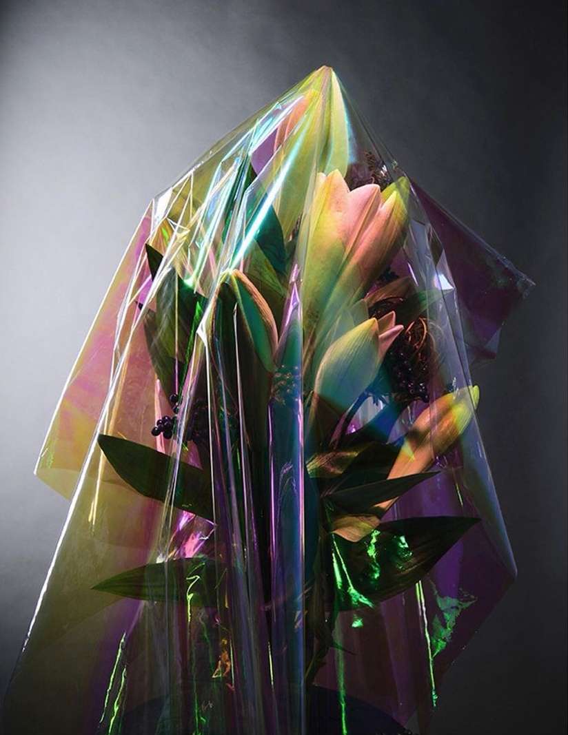 Still life photograph of a bouquet of flowers wrapped in iridescent cellophane, against a light grey background.