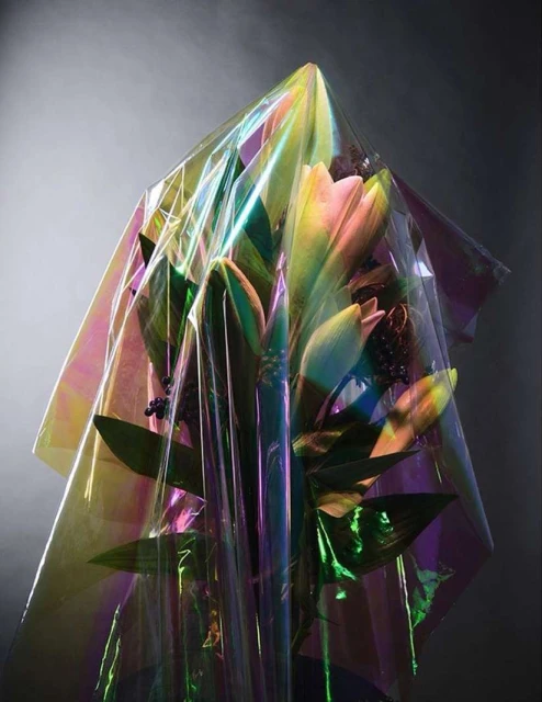 Still life photograph of a bouquet of flowers wrapped in iridescent cellophane, against a light grey background.
