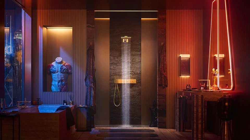 Modern bathroom interior with rainfall shower, sculptural bust, neon mirror, wood paneling, marble accents, and city view at night.
