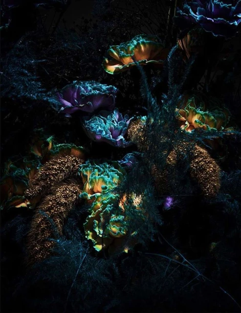 Floral arrangement featuring various types of flowers and textured greenery in tones of blue, green, brown, and purple against a dark background.