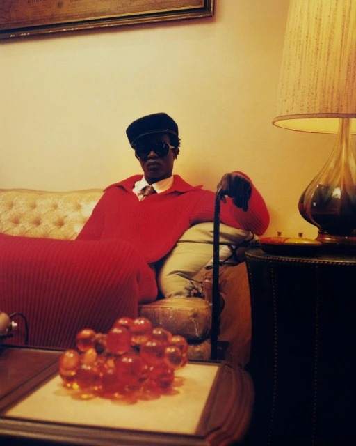 A man in a red sweater sits on a couch indoors with a cane, wearing dark glasses and a hat, near a table with decorative objects.