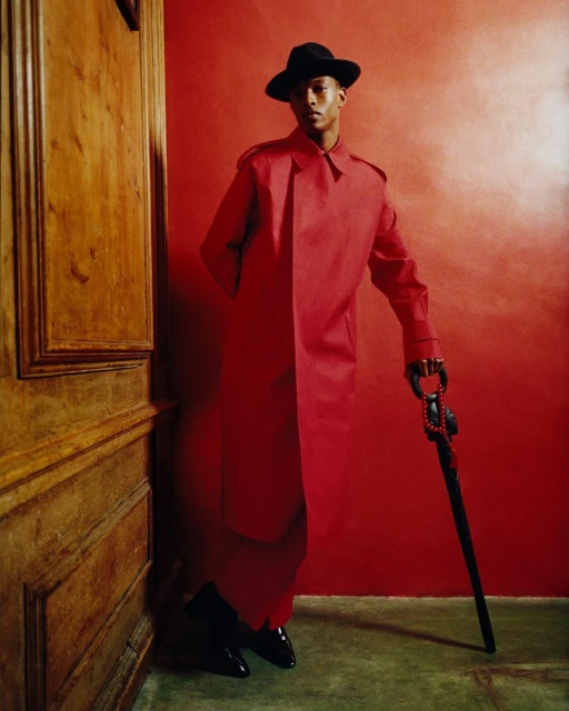 Man in red coat and black hat poses with cane against a red wall next to wooden door. Fashion editorial shot with dramatic lighting.