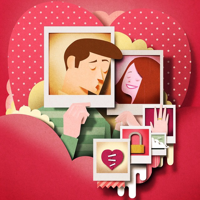 Illustration of a couple's portraits in photo prints surrounded by love-themed objects like hearts and a padlock, creating a romantic aesthetic.