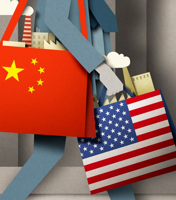 Conceptual illustration showing China and United States flags on shopping bags carried by a figure against a grey background.