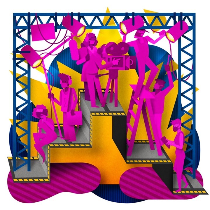 Illustration of film production scene with spotlight, film camera, ladder, and crew members standing on stairs against yellow backdrop.