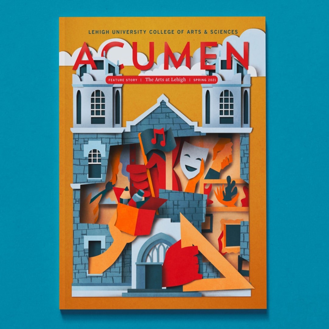 College of Arts & Sciences magazine cover featuring paper art illustration of building, music notes, paint brushes, and a theatre mask.