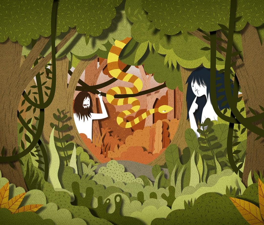 Illustration of Adam and Eve in the Garden of Eden with a snake, rendered in a paper-cut style with layers of green foliage and trees.