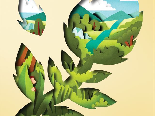 Paper art illustration of a jungle landscape with leaves, mountains, and an ape peeking out from behind the lush foliage.
