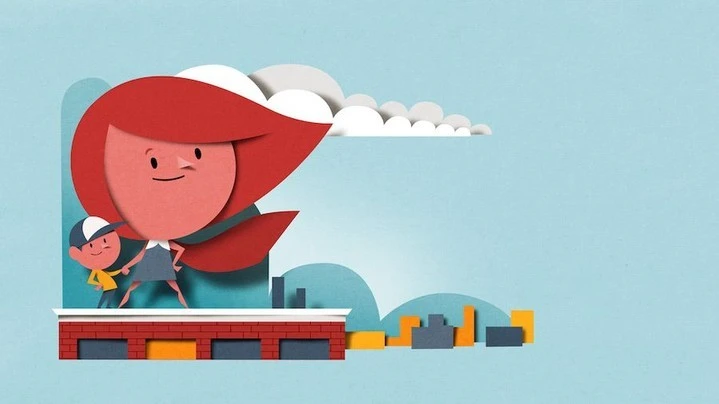 Whimsical illustration of a woman and child standing on a rooftop against a light blue sky with paper-cutout clouds and city buildings.