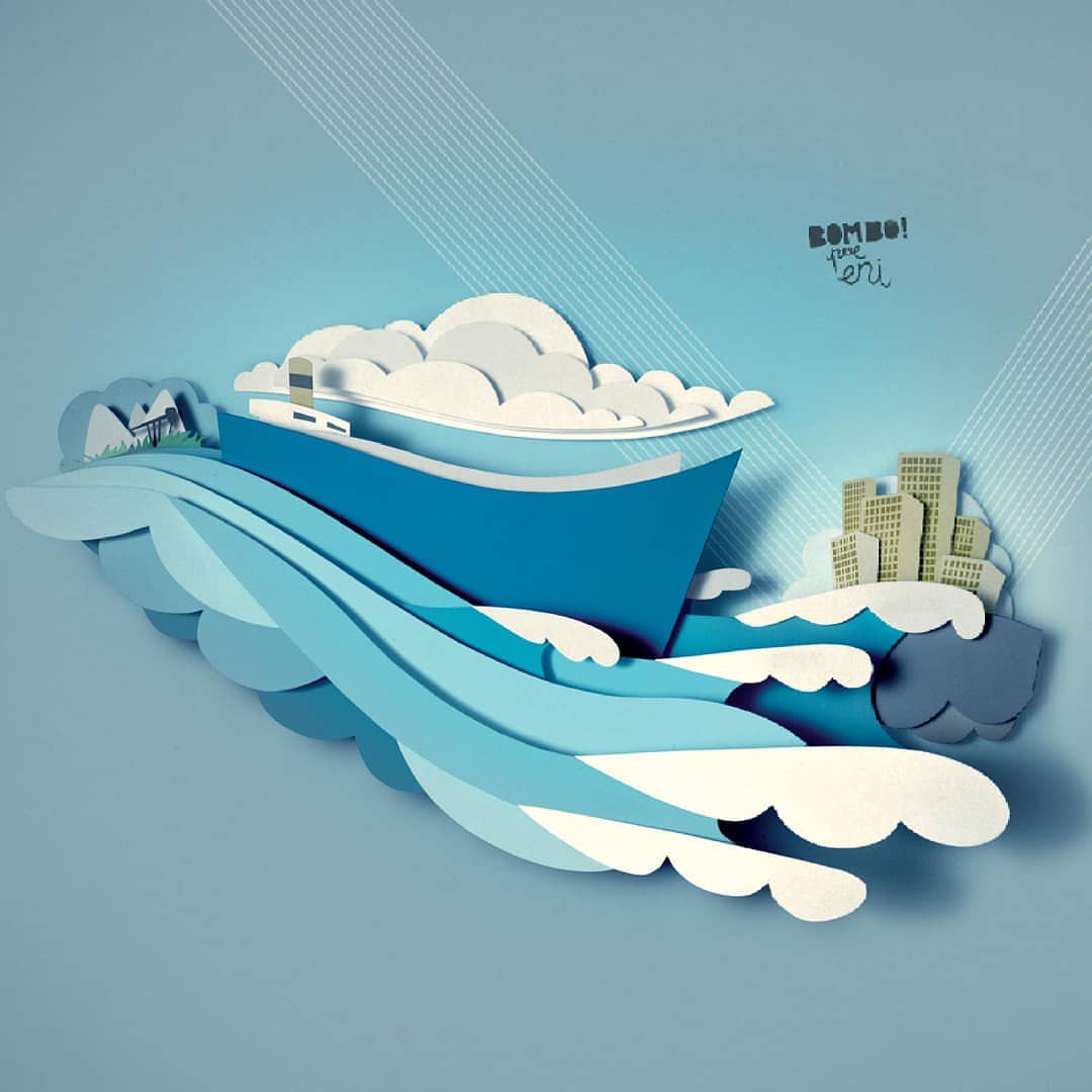 Illustration of a blue paper-art boat sailing through paper-cut waves toward a paper city skyline, under paper clouds and light blue sky.