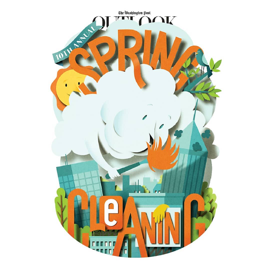 Illustration of spring cleaning in a city using paper art with sunshine, clouds, buildings, and text 'Spring Cleaning.'