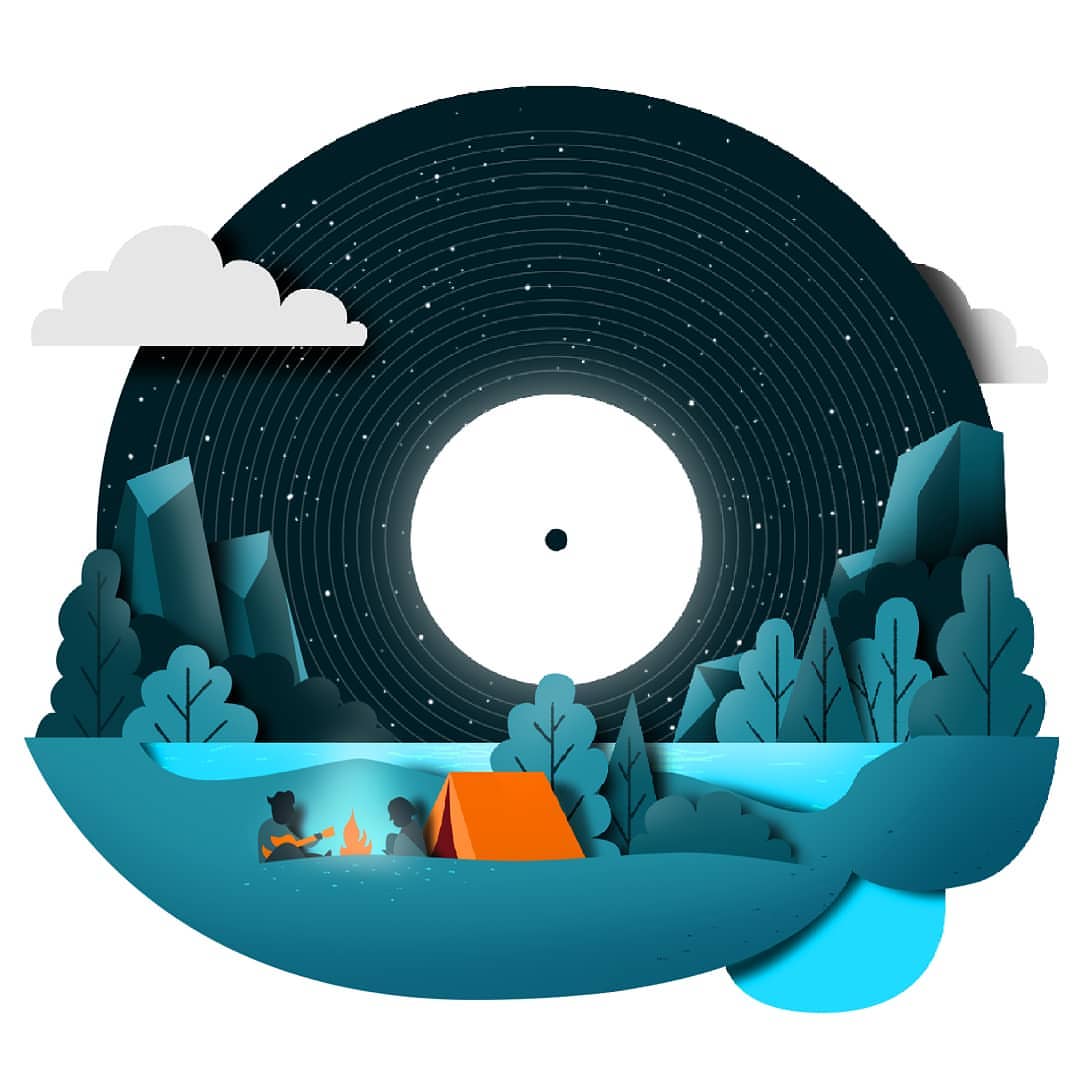 Stylized illustration of people camping next to a lake, near mountains, underneath a night sky resembling a vinyl record.