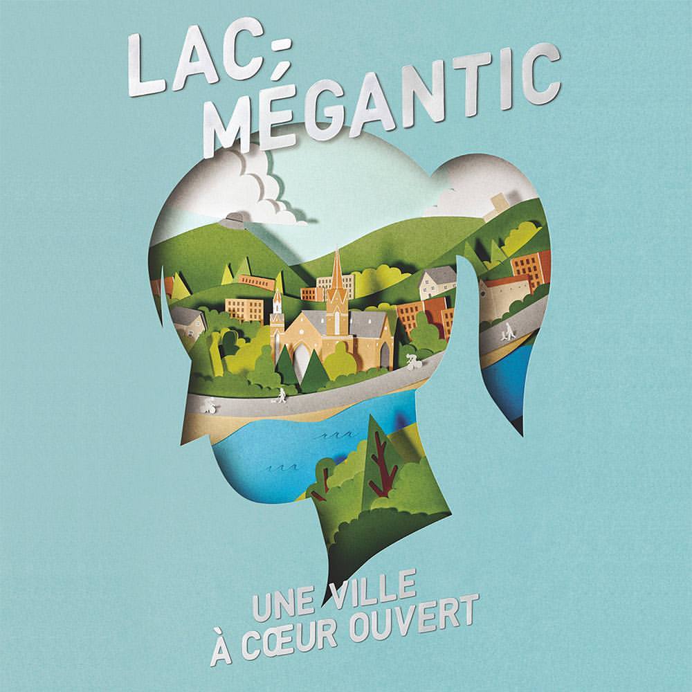 Artistic paper art illustration of Lac-Mégantic featuring buildings, trees, and a lake inside a silhouette against a blue backdrop.