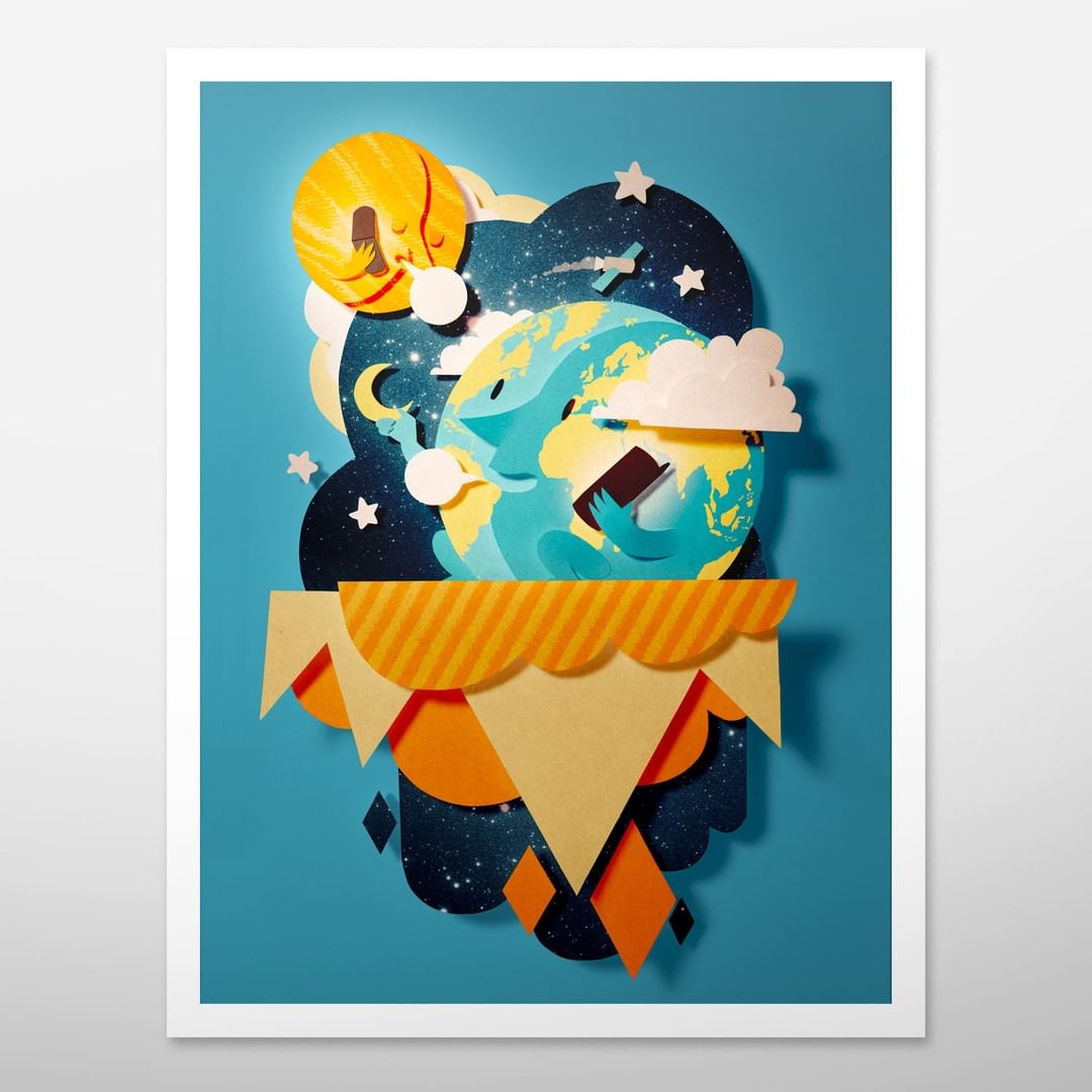 Illustrated paper art of Earth holding phone with sun, moon, and stars. Cartoon style with blue background. Art and technology.