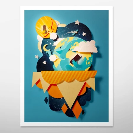 Illustrated paper art of Earth holding phone with sun, moon, and stars. Cartoon style with blue background. Art and technology. 