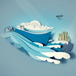Papercraft illustration by Bomboland showing a blue ship sailing on layered paper waves beneath white clouds and city silhouettes.