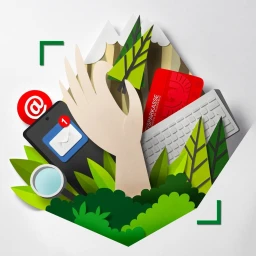 Layered paper art illustration by Bomboland featuring a hand, a smartphone, a keyboard, and green foliage against a white background.