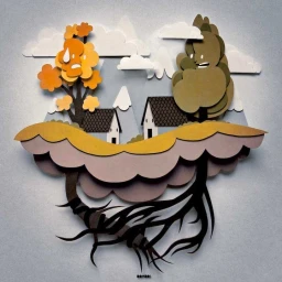 Layered papercraft illustration of a floating island with houses, trees, roots, and clouds by Bomboland.