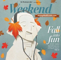 Paper art illustration of George Washington wearing headphones with autumn leaves falling against a teal textured background.