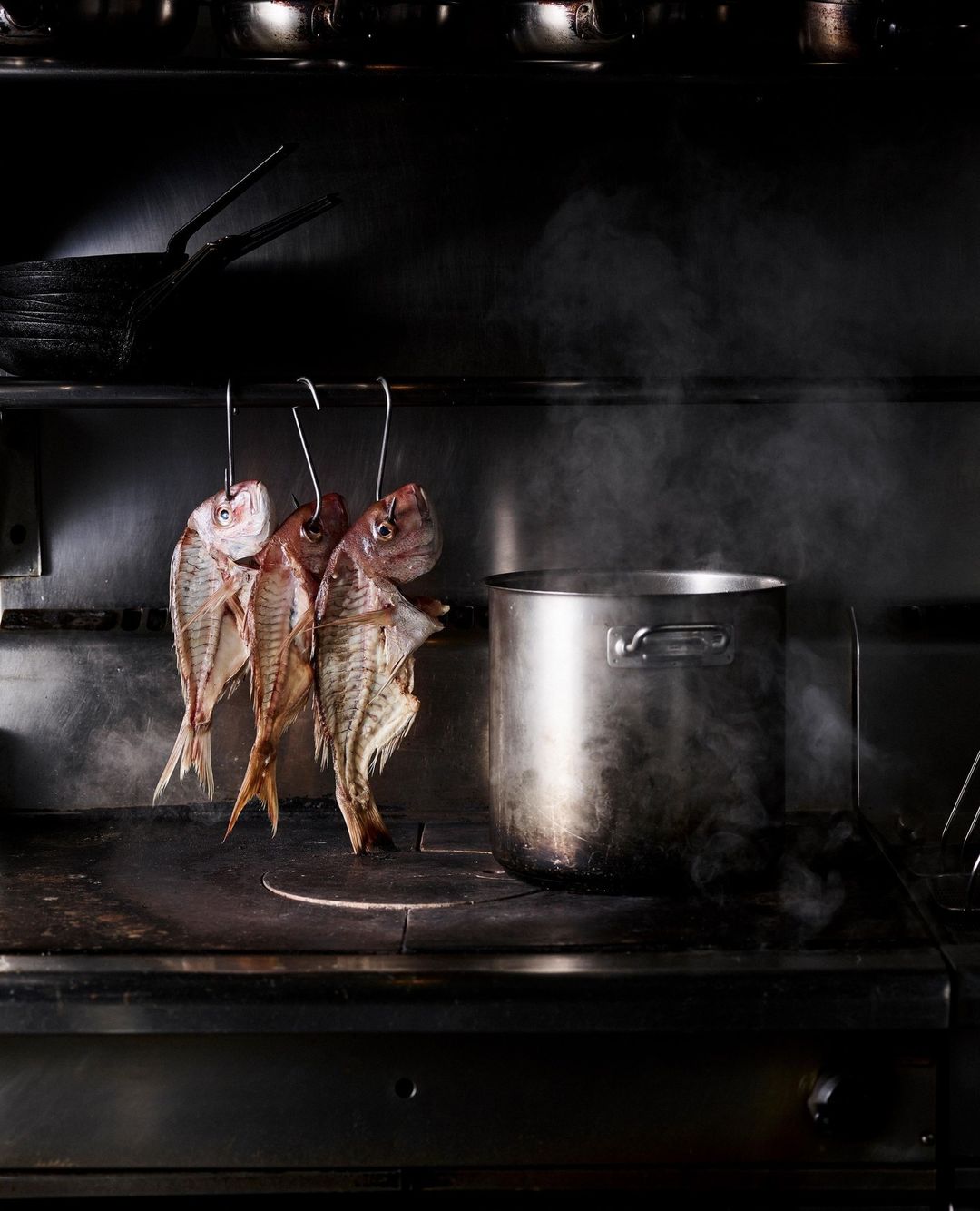 Three fish hang above a steaming metal pot in a dark kitchen with metal shelves and cookware, creating a moody culinary scene.