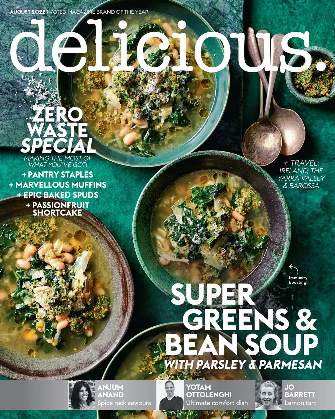 Magazine cover featuring bowls of vibrant green and bean soup. The cover also includes text and culinary personalities.