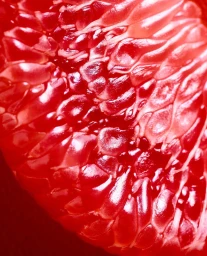 Close-up macro photography of juicy red citrus fruit flesh showing translucent segments and vibrant textures