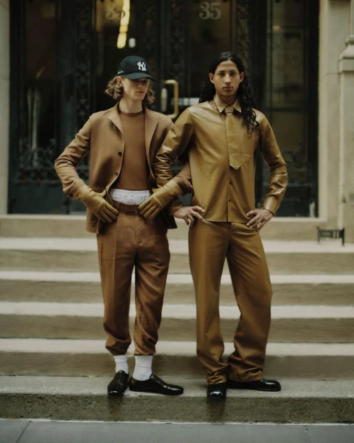 Two young men pose on stairs outdoors in matching brown outfits, one wearing a baseball cap, in an editorial fashion shot.
