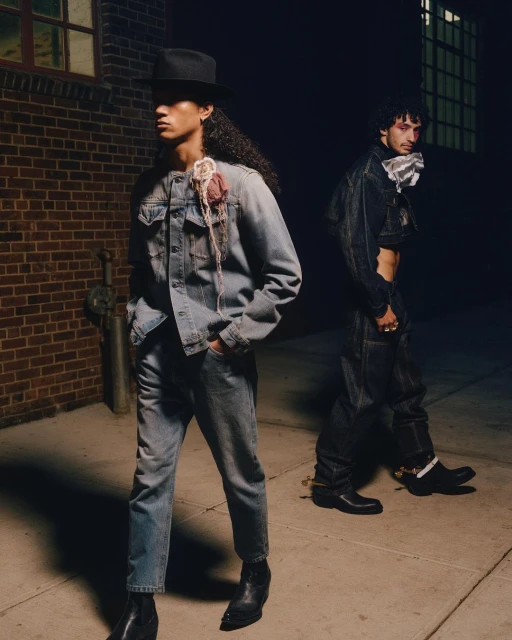 Two men in denim outfits pose against a brick wall backdrop at dusk, featuring cowboy boots and artistic embellishments.