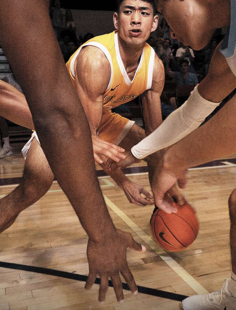 A dynamic medium shot of a basketball game featuring a determined Asian adult male athlete dribbling, framed by teammates and opponents.