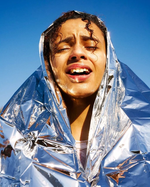 An adult woman with curly hair is covered with a shiny silver blanket, her eyes are closed, and the background is a clear blue sky.