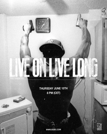 Monochrome image of a muscular man holding handguns overhead, wearing a baseball cap, with text overlay, clock, and laundry machine visible.