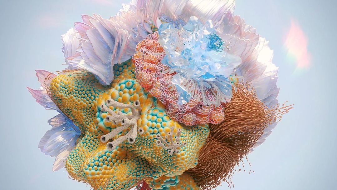 Abstract digital art piece with colorful, organic shapes resembling coral, flowers, and spiky textures against a soft, light blue background.