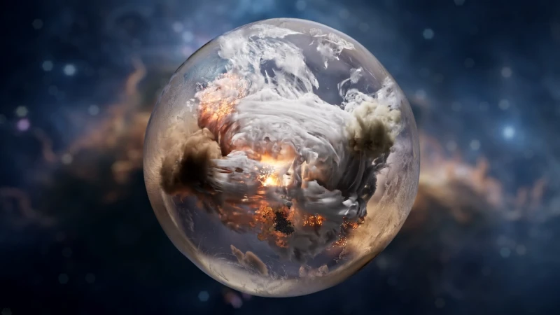 Digital render shows a celestial body inside of a clear bubble, set against a backdrop of a dark space filled with glowing nebulae.
