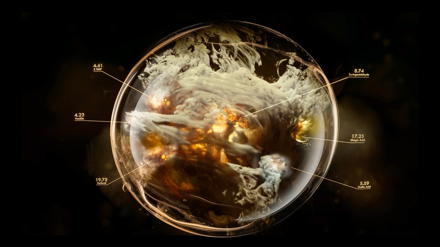 Conceptual visualization of microscopic particles encased in a bubble against a black background, with scientific labeling.