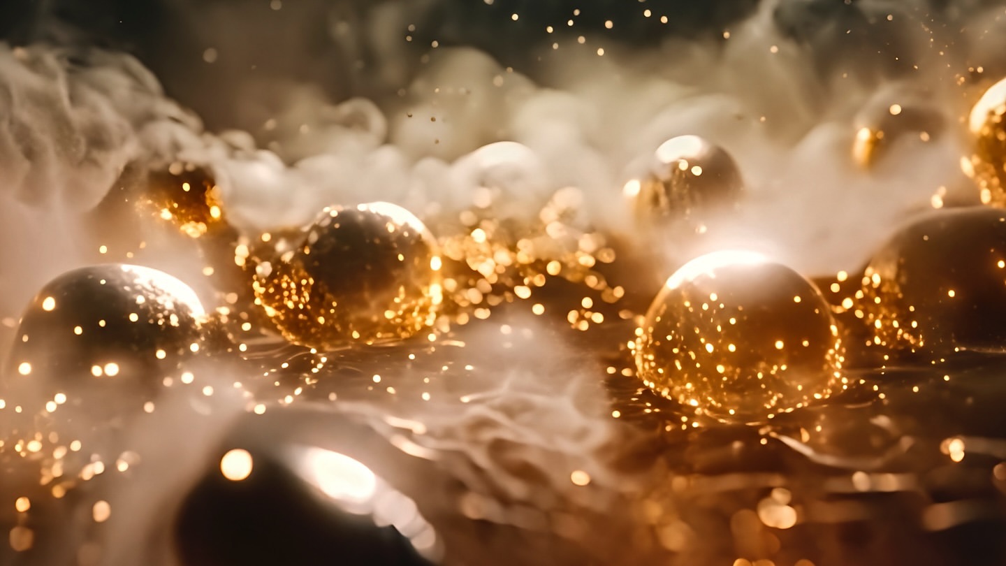 Golden spheres surrounded by smoke and light particles create an abstract, sparkling, ethereal atmosphere in a blurred background.