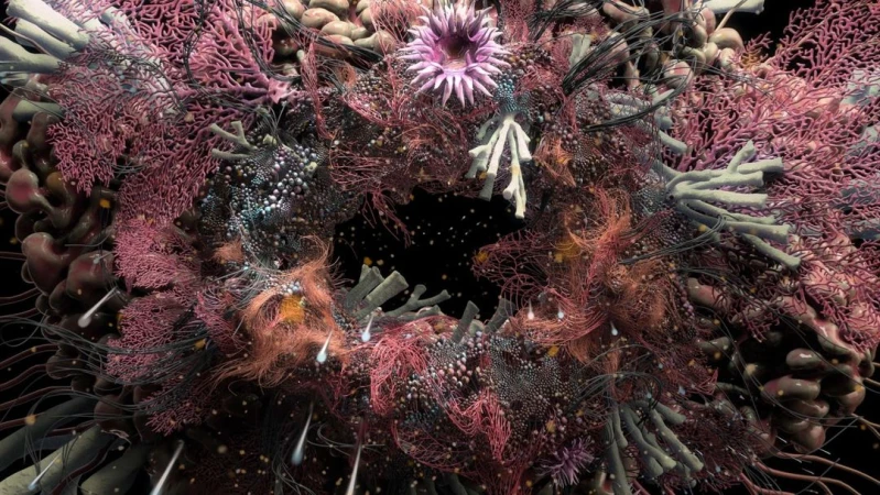 Abstract fractal art with pink and grey textures and shapes radiating from a central void, showcasing intricate digital design.