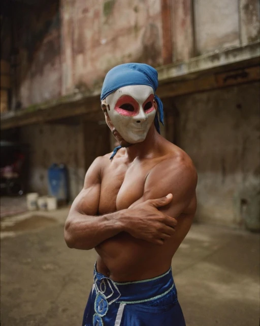 Shirtless man in a mask and blue head wrap stands with arms crossed against a weathered building in an urban setting.