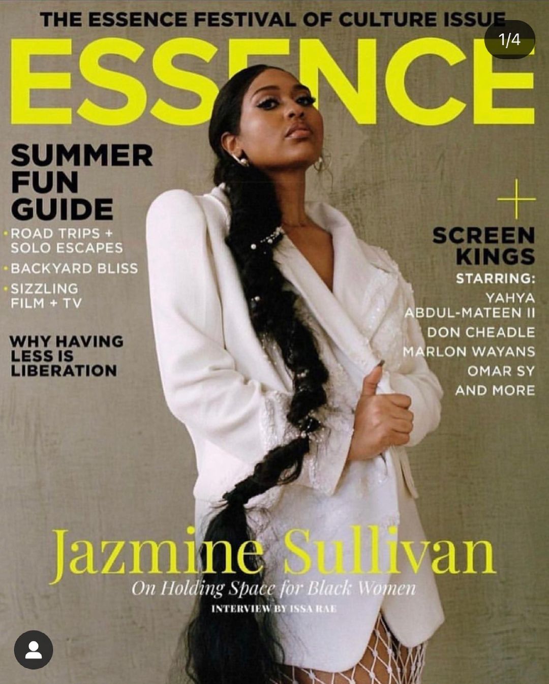 Essence magazine cover featuring Jazmine Sullivan. The cover includes text about the summer fun guide and screen kings.