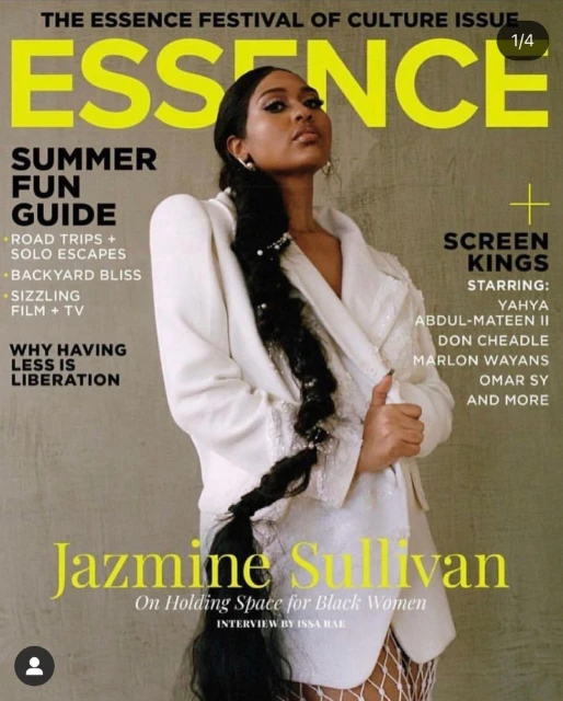Essence magazine cover featuring Jazmine Sullivan. The cover includes text about the summer fun guide and screen kings.