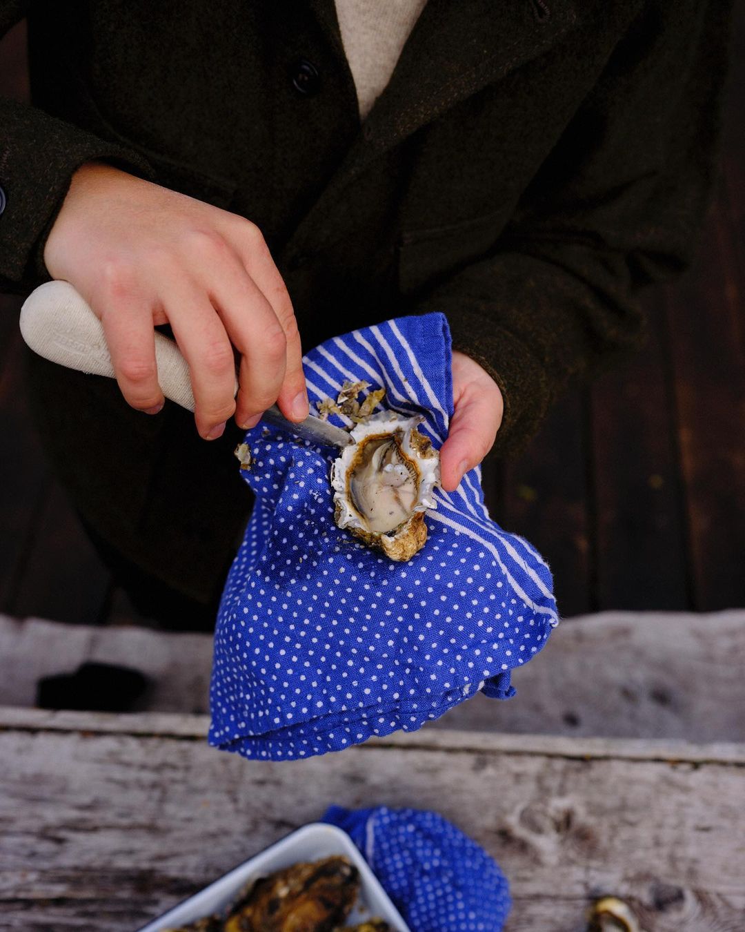Person shucking an oyster with oyster knife on blue polka dot towel. Rustic wooden table and oysters in white dish.