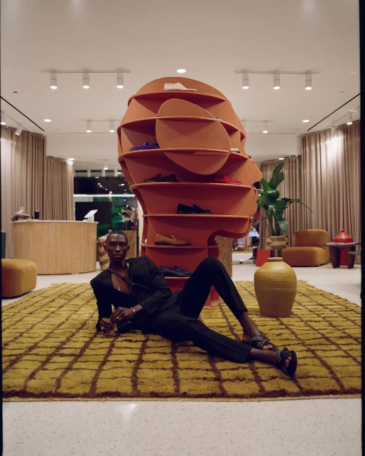 A Black male model in a black suit reclines on a yellow patterned rug inside a store, with shelves and display items in the background.
