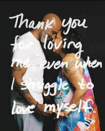 Black man with gray beard and black woman embracing closely against dark background with handwritten white text overlay