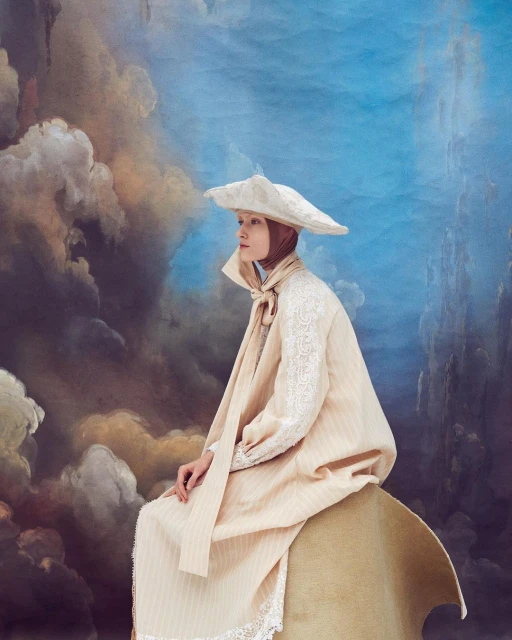 A woman wearing a large hat and long coat sits in front of a blue and beige background, creating a vintage and sophisticated fashion image.