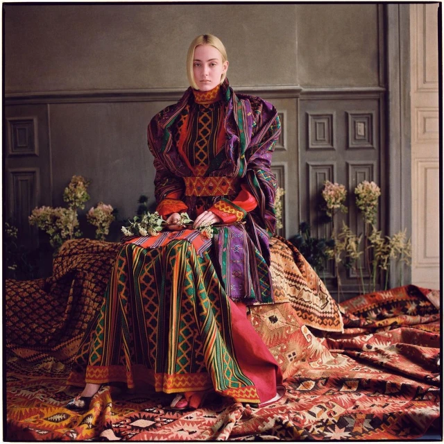 Woman with blonde hair in patterned dress sits on patterned carpets in front of grey wall in a fashion studio setting, holding flowers.