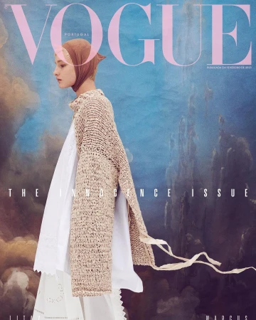Vogue Portugal cover featuring a model in a headscarf, white dress, and knitted sweater, set against a painterly backdrop.