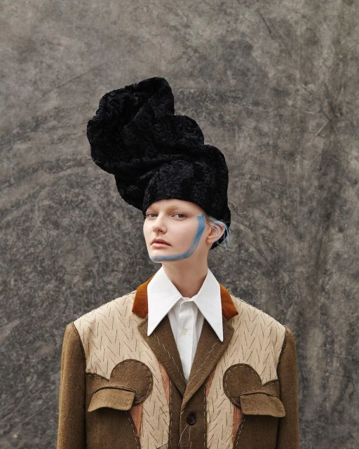 Portrait of a fair-skinned woman with blue makeup, wearing an elaborate black hat and patterned jacket against a grey mottled backdrop.
