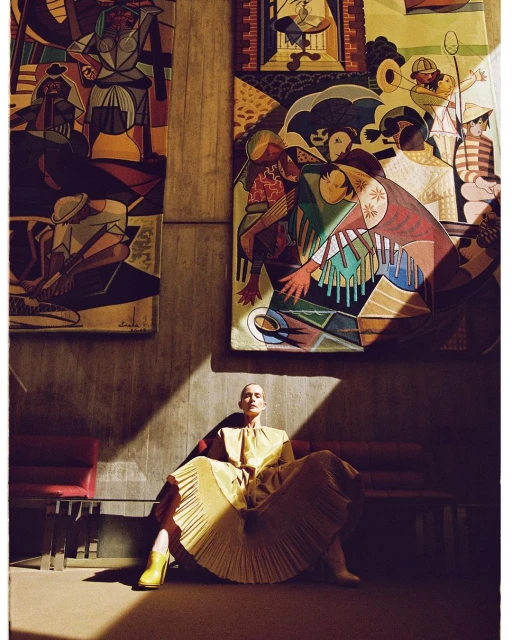 Woman in a yellow dress sits on a red bench in a room with modern art tapestries, bathed in light and shadow, creating a striking visual.