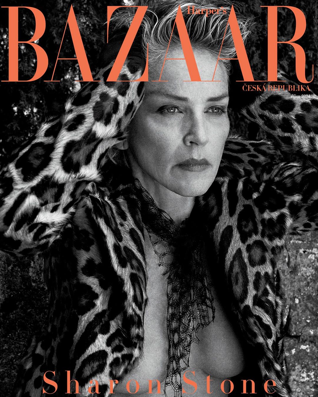 Sharon Stone poses for Harper's Bazaar cover, wearing an animal print coat and sheer scarf, shot outdoors with soft, diffused light.