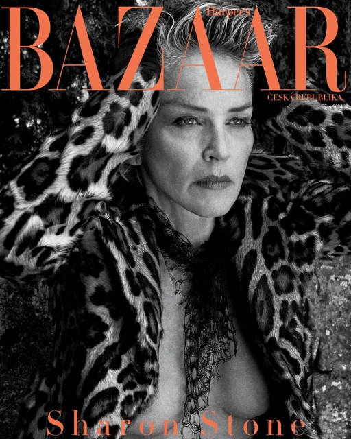 Sharon Stone poses for Harper's Bazaar cover, wearing an animal print coat and sheer scarf, shot outdoors with soft, diffused light.